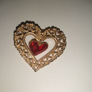 HEart pin dangle red enamel Gold tone filagree vintage Valentine's Day V…